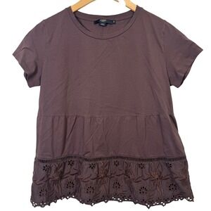SEVENTY VENEZIA Womens Shirt 42 Large Chocolate Brown Eyelet Lace‎ Peplum TShirt
